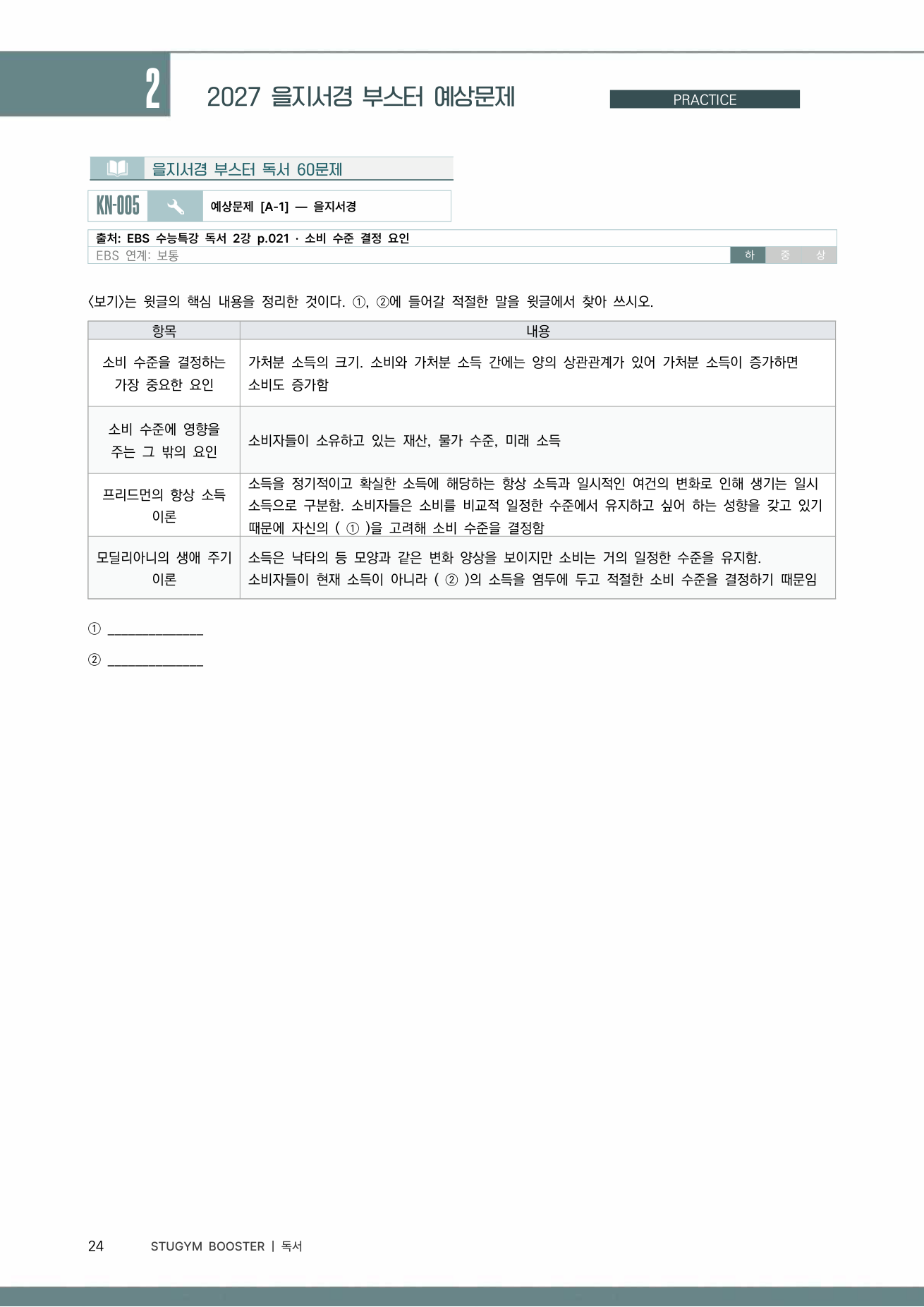 을지서경 부스터 독서 예상문제 샘플